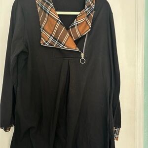 Black Long Sleeve Top with Plaid Collar Tunic XXL